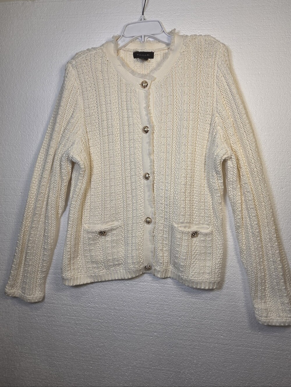 Tahari Cream Textured Knit Cardigan Sweater